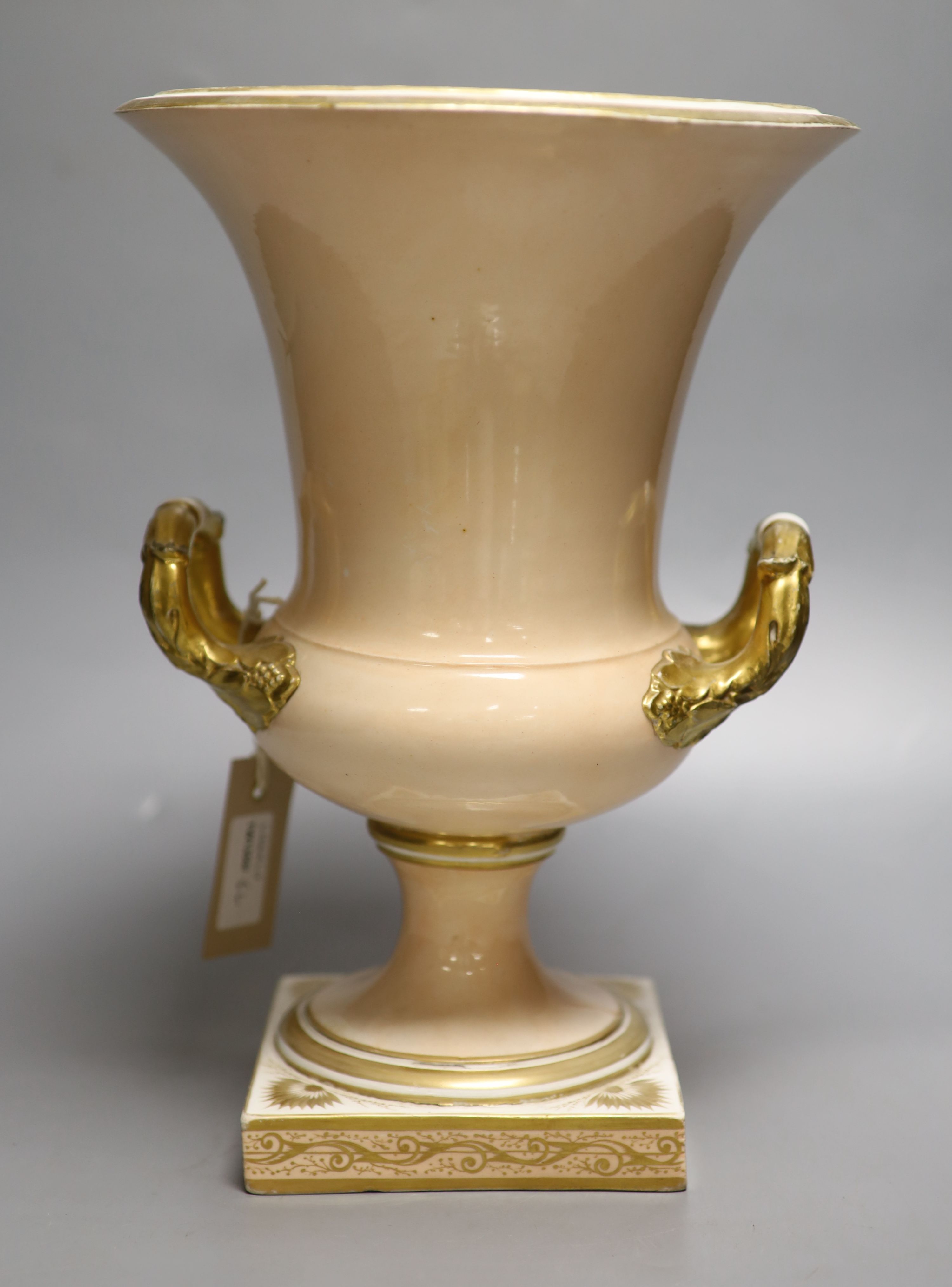 A Derby campana-shaped urn with landscape in reserve, Nr Worcester, height 31cm